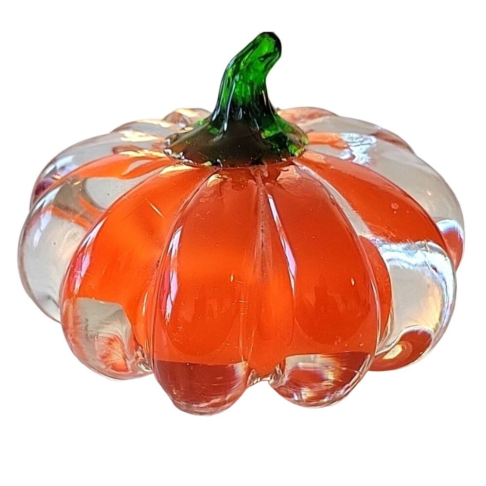 Crystal Clear Crystal Pumpkin Decor Paperweight Orange Green Clear 5" Diameter